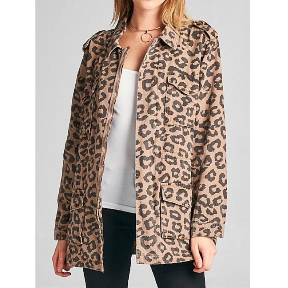 NEW Ellison Leopard Print Zip Up Utility Jacket Adjustable Drawstring Size S - Picture 1 of 12